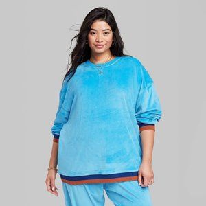 Women's Plus Size Ascot + Hart Velour Graphic Pullover Sweatshirt Blue 1X
